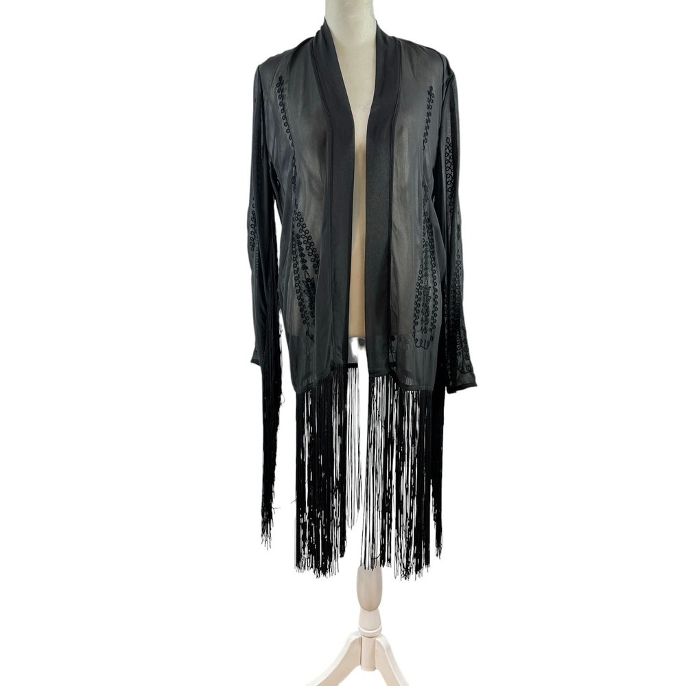 H&M Black Sheer Embroidered Open Kimono Cover up Open Jacket Large
